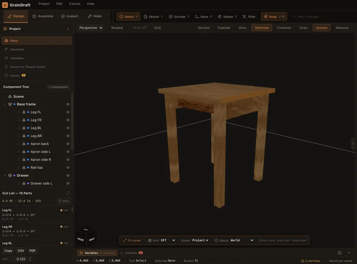 Captured table at 20 inches wide, with its dependent frame and drawer resized.
