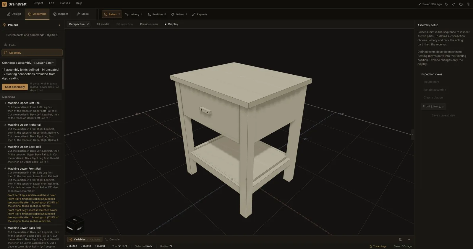 Assembly sequence and setup for the starter side table. Defined, seated and floating parts have distinct meanings.