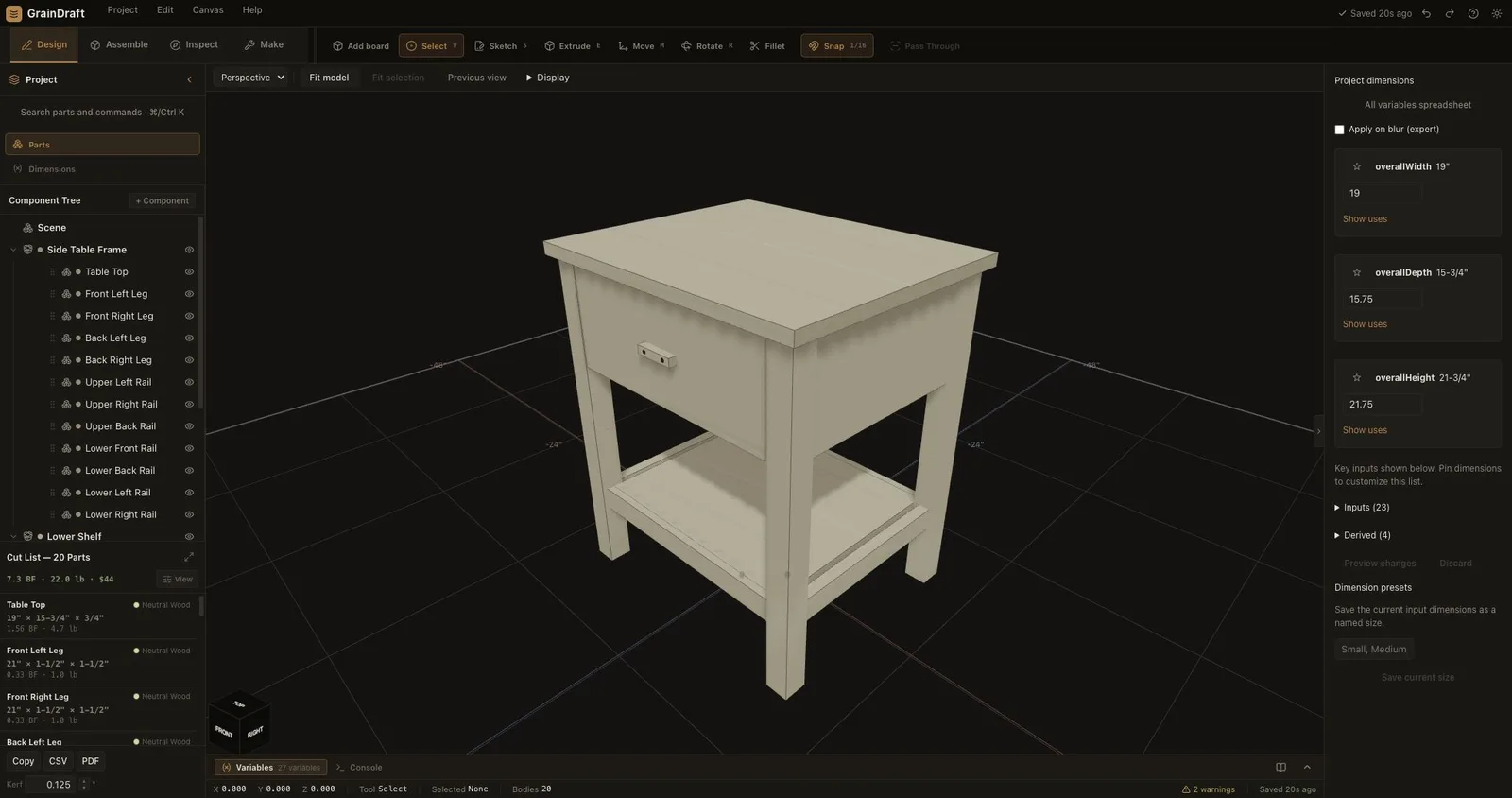 The current Design workspace, with project dimensions and the live stock list.